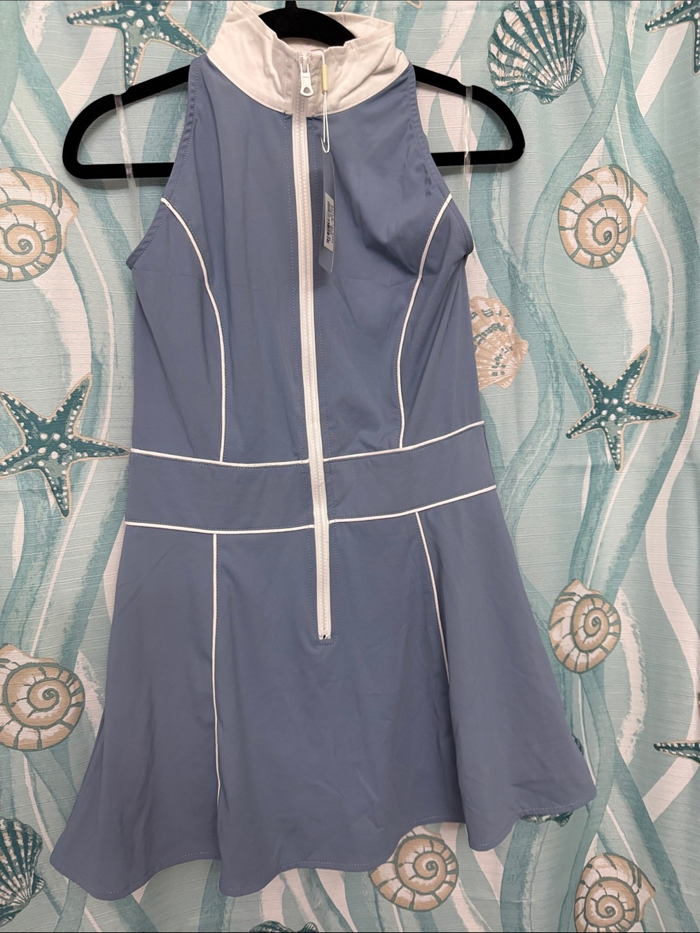 Sleeveless Zip-Front A-Line Romper in Slate Blue with White Trim